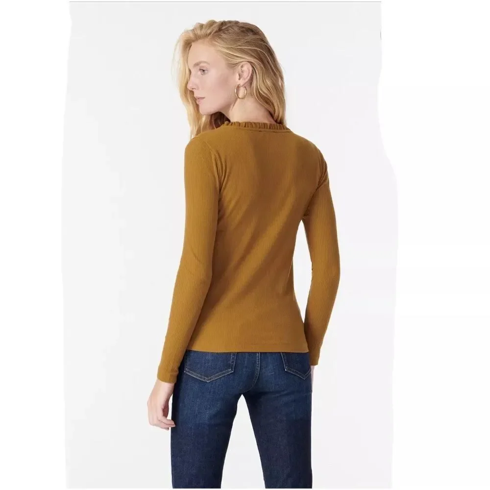 J Crew Ribbed Ruffle Neck Long Sleeve Shirt Bronzed Surplus Brown Women's Small - Picture 3 of 10
